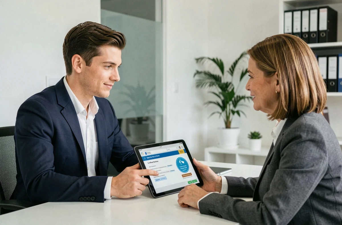 Conseiller en mutuelle présentant une offre labellisée à une cliente dans un bureau professionnel