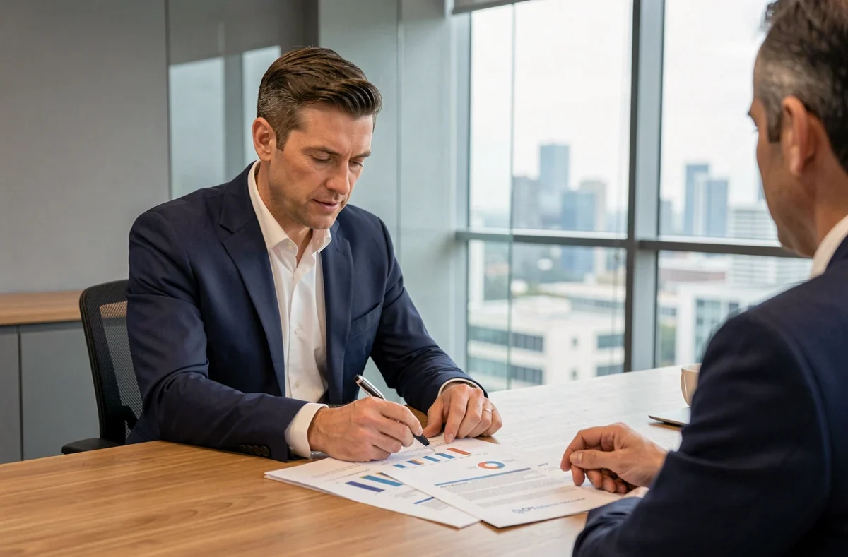 Conseiller financier spécialisé SCPI présentant un portefeuille d'investissement immobilier à un client dans un bureau moderne