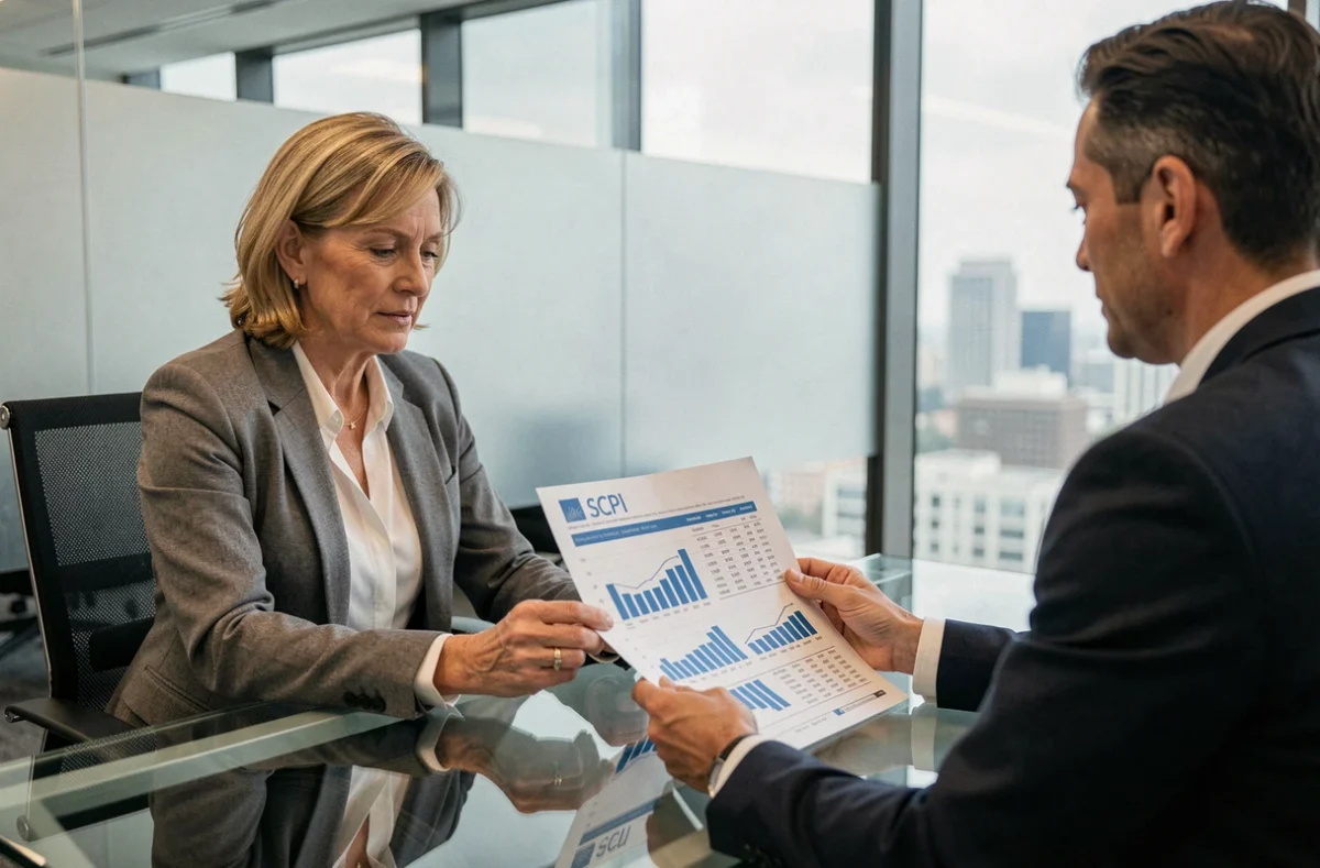 Femme investisseure consultant un conseiller financier au sujet de SCPI à dividende mensuel dans une agence moderne