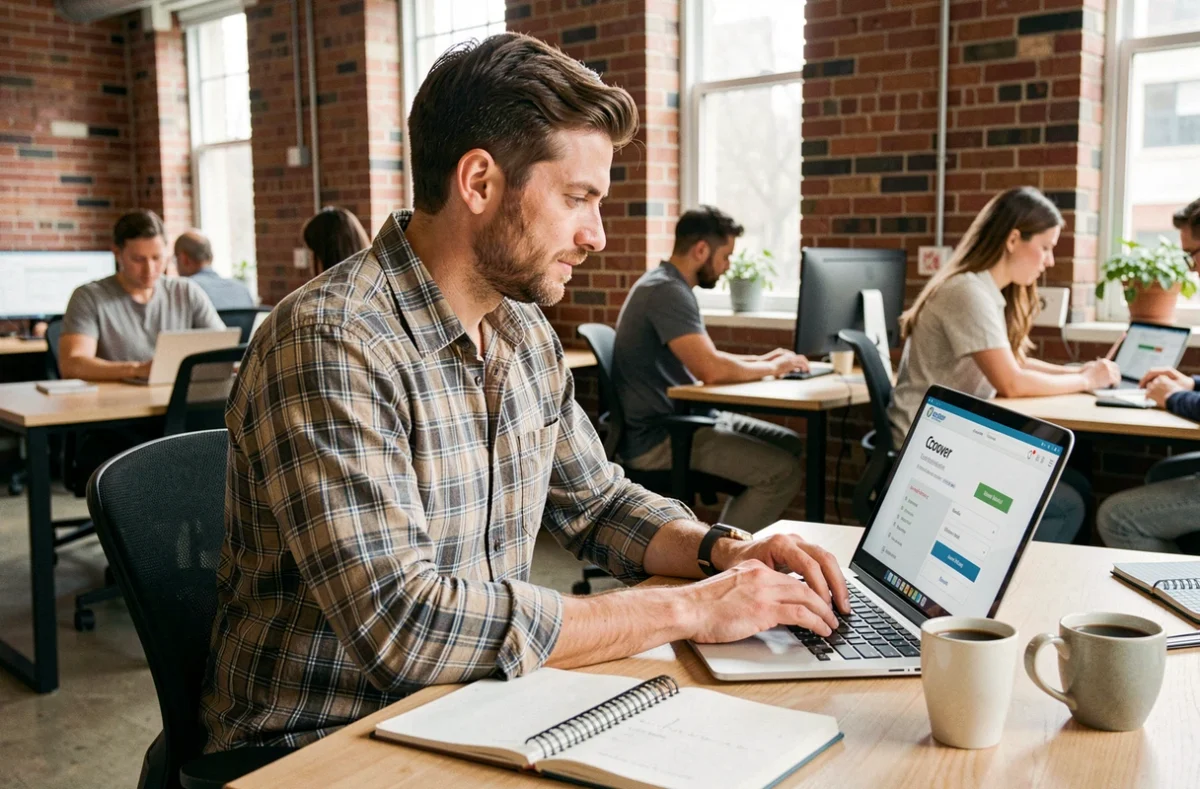 Entrepreneur consultant la plateforme Coover pour son assurance professionnelle en ligne dans un espace de coworking