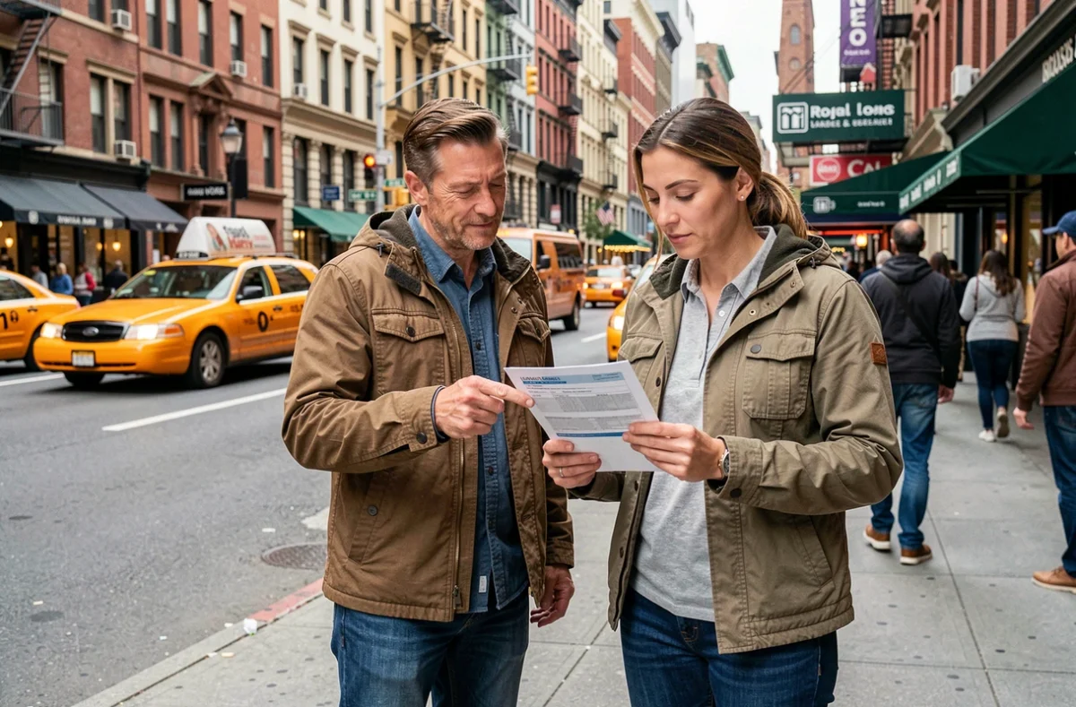 Couple de voyageurs consultant leur contrat d'assurance voyage dans une rue animée de New York City