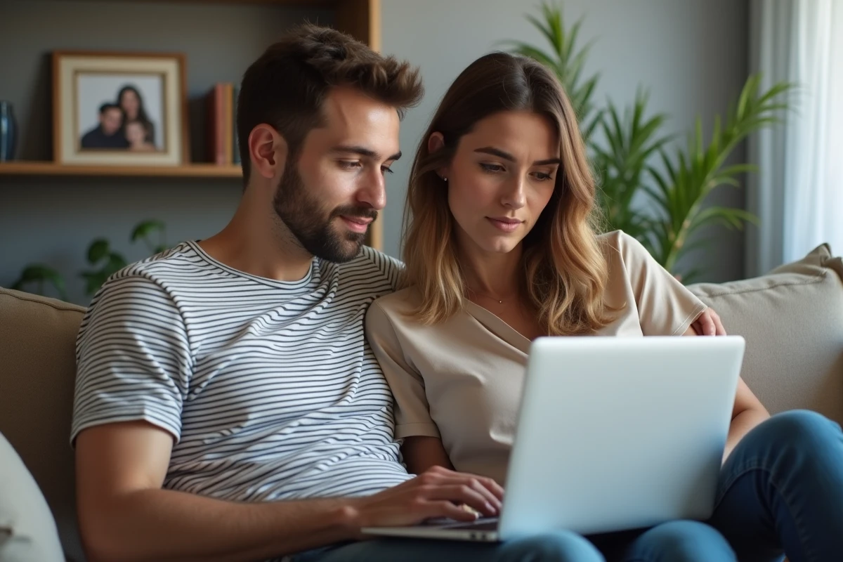 Couple consultant le calendrier des paiements CAF APL et allocations familiales 2026 en ligne
