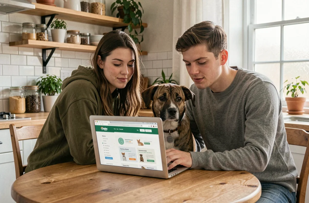 Couple cherchant une assurance chien sans délai de carence sur un ordinateur portable avec leur chien dans la cuisine