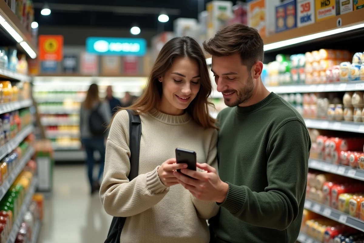 Couple consultant un comparatif ch&egrave;que diff&eacute;r&eacute; et carte de cr&eacute;dit sur smartphone dans un rayon de supermarch&eacute;
