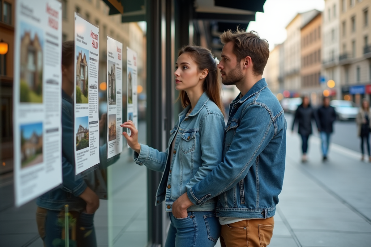 Jeune couple regarde des annonces immobilières dans la rue