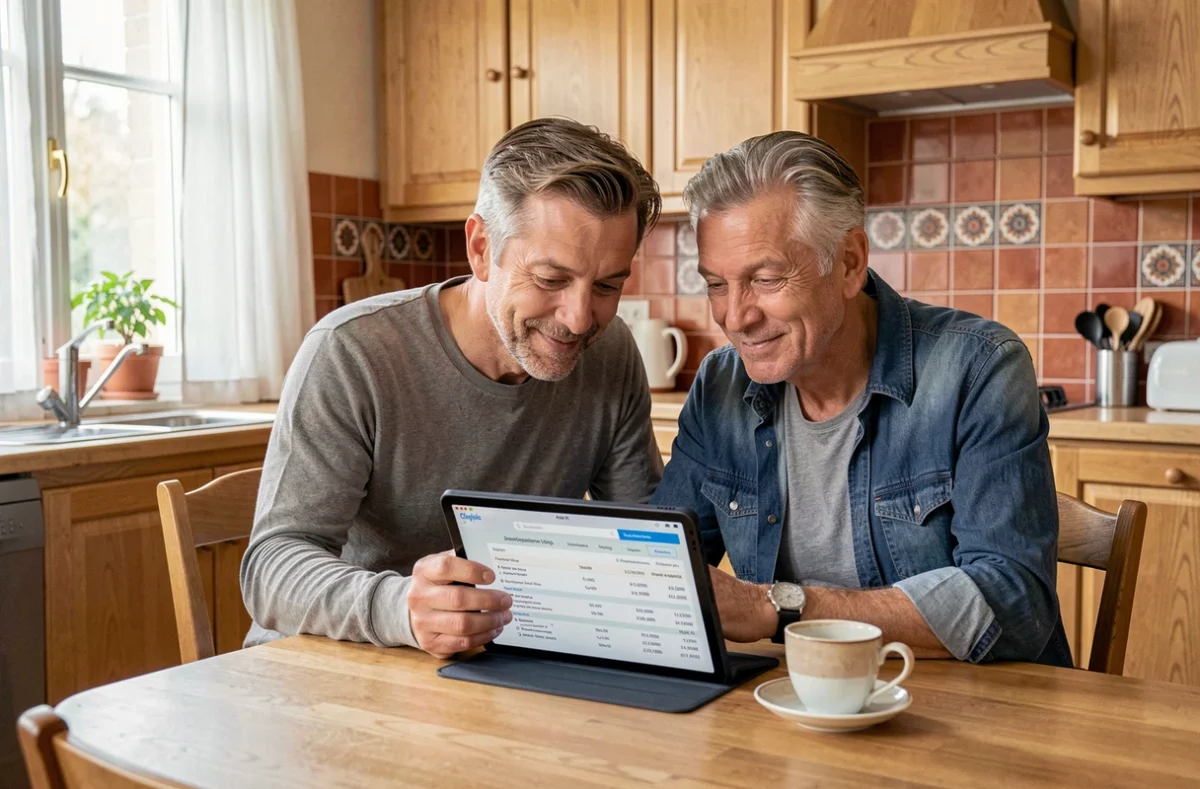 Couple vérifiant leurs comptes bancaires en ligne sur une tablette dans une cuisine familiale française