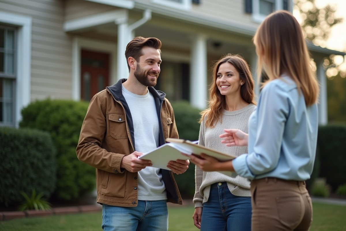 Couple discutant avec un agent immobilier devant une maison