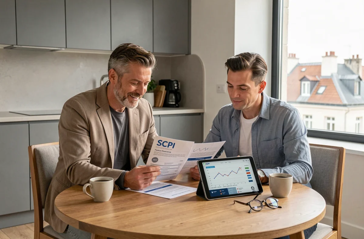 Couple étudiant un exemple concret de SCPI à la maison sur tablette et brochure