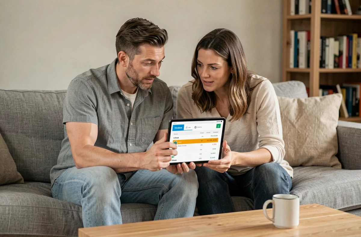 Couple examinant ensemble un relevé bancaire sur tablette pour identifier une erreur de paiement AMZ digital FRA