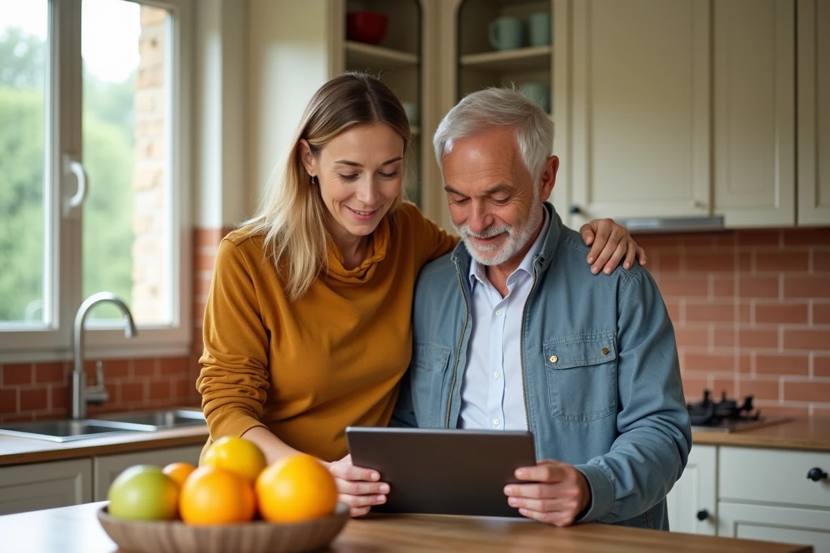 Couple gérant ensemble les plafonds de leur carte Crédit Agricole Vendée sur une tablette dans leur cuisine