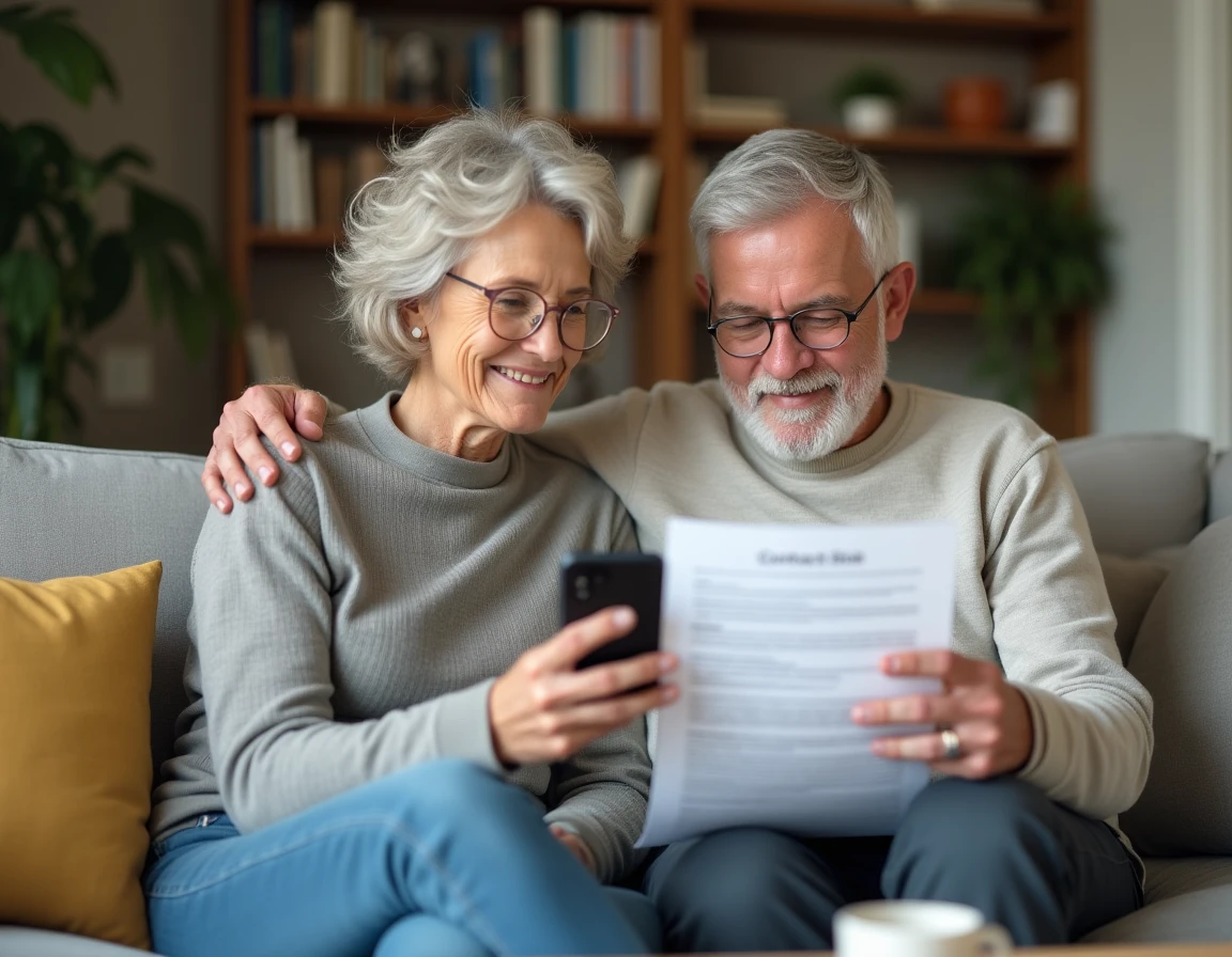 Couple à la maison consultant un guide pour contacter Cetelem par téléphone en mode haut-parleur