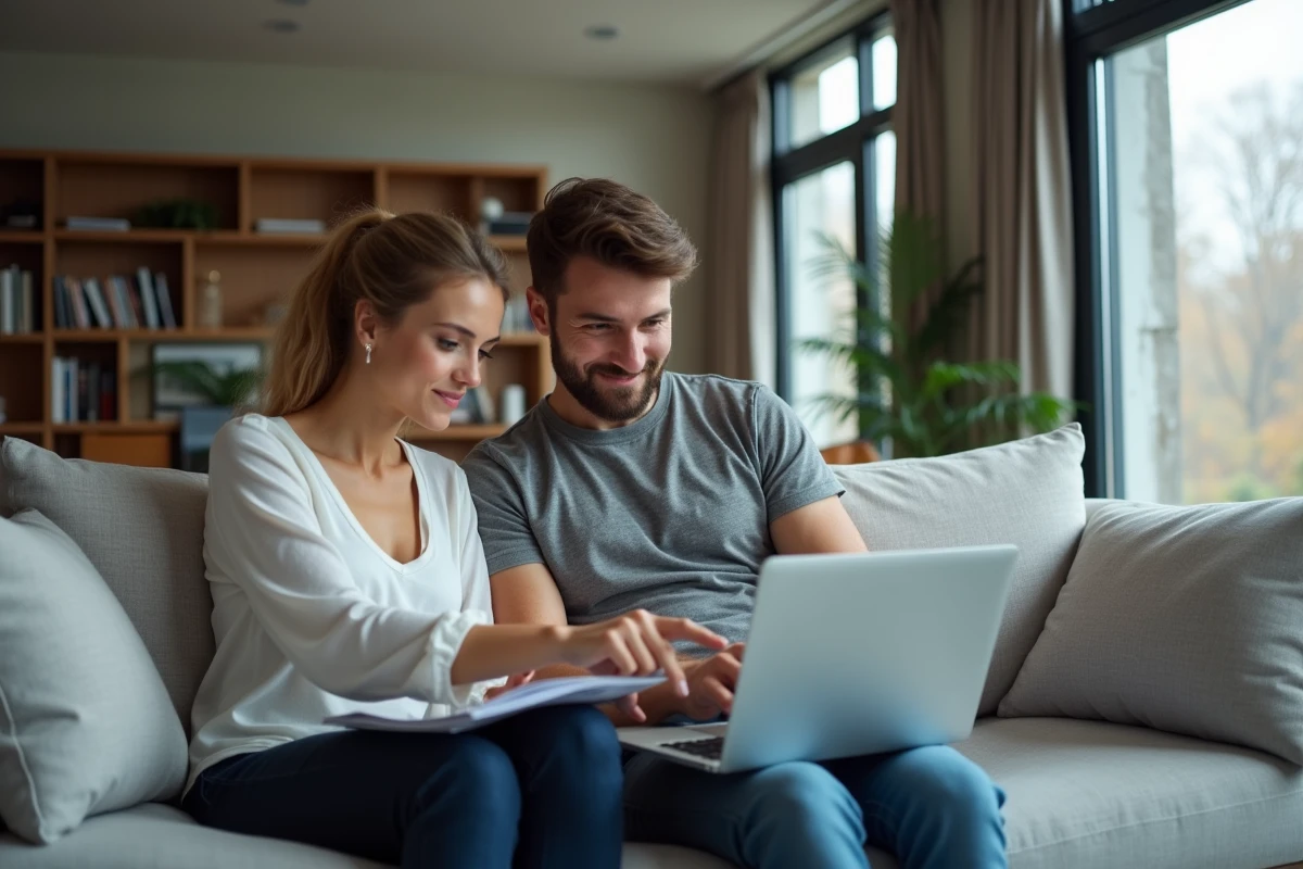 Couple consultant un conseiller HSBC à distance en visioconférence pour ouvrir un compte bancaire depuis leur salon
