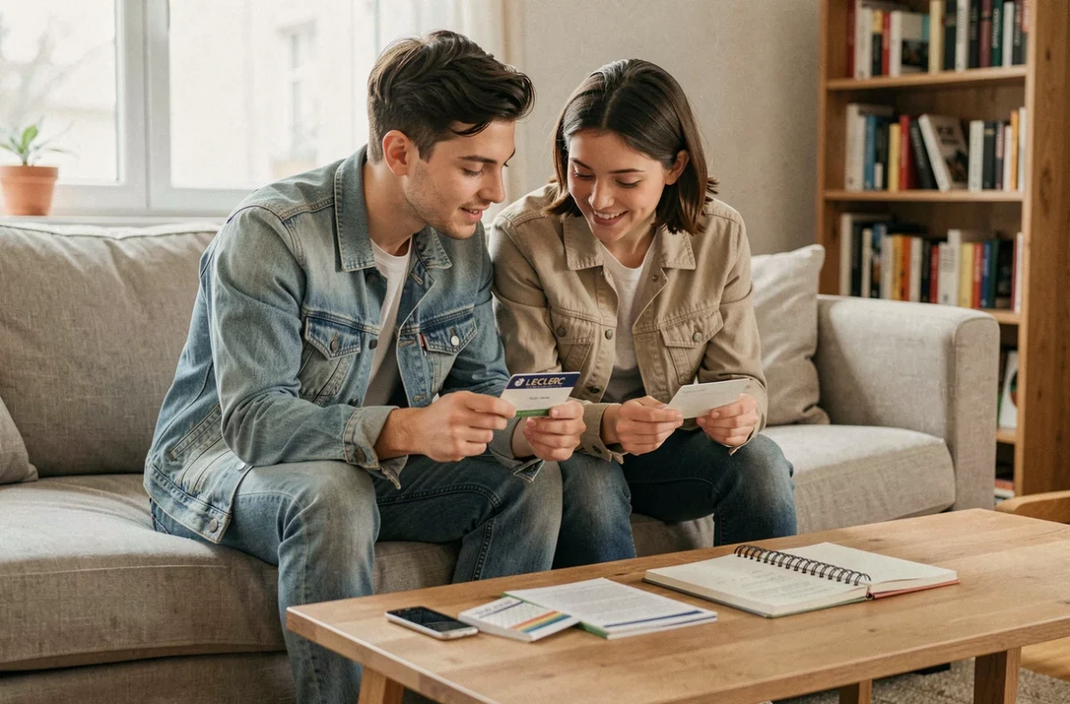 Jeune couple planifiant leurs achats avec un chèque différé Leclerc et un carnet de budget dans leur salon