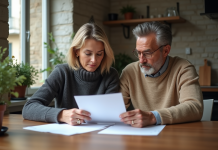 Couple français discutant de documents de prêt immobilier à la maison