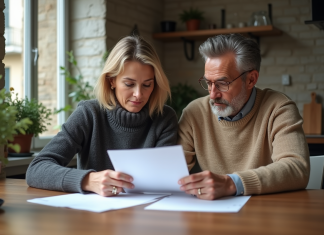 Couple français discutant de documents de prêt immobilier à la maison