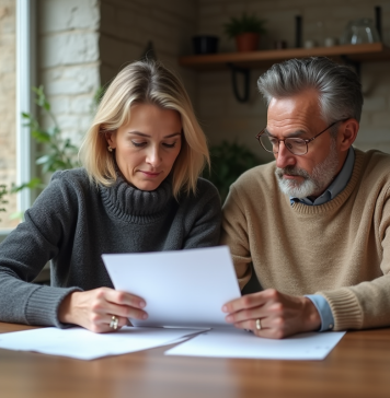 Couple français discutant de documents de prêt immobilier à la maison