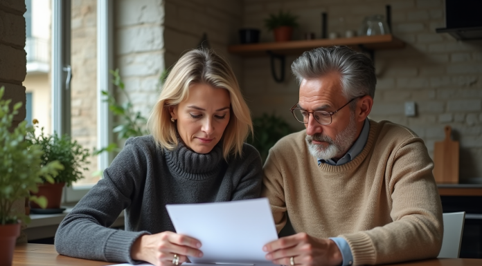 Couple français discutant de documents de prêt immobilier à la maison