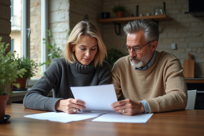 Couple français discutant de documents de prêt immobilier à la maison