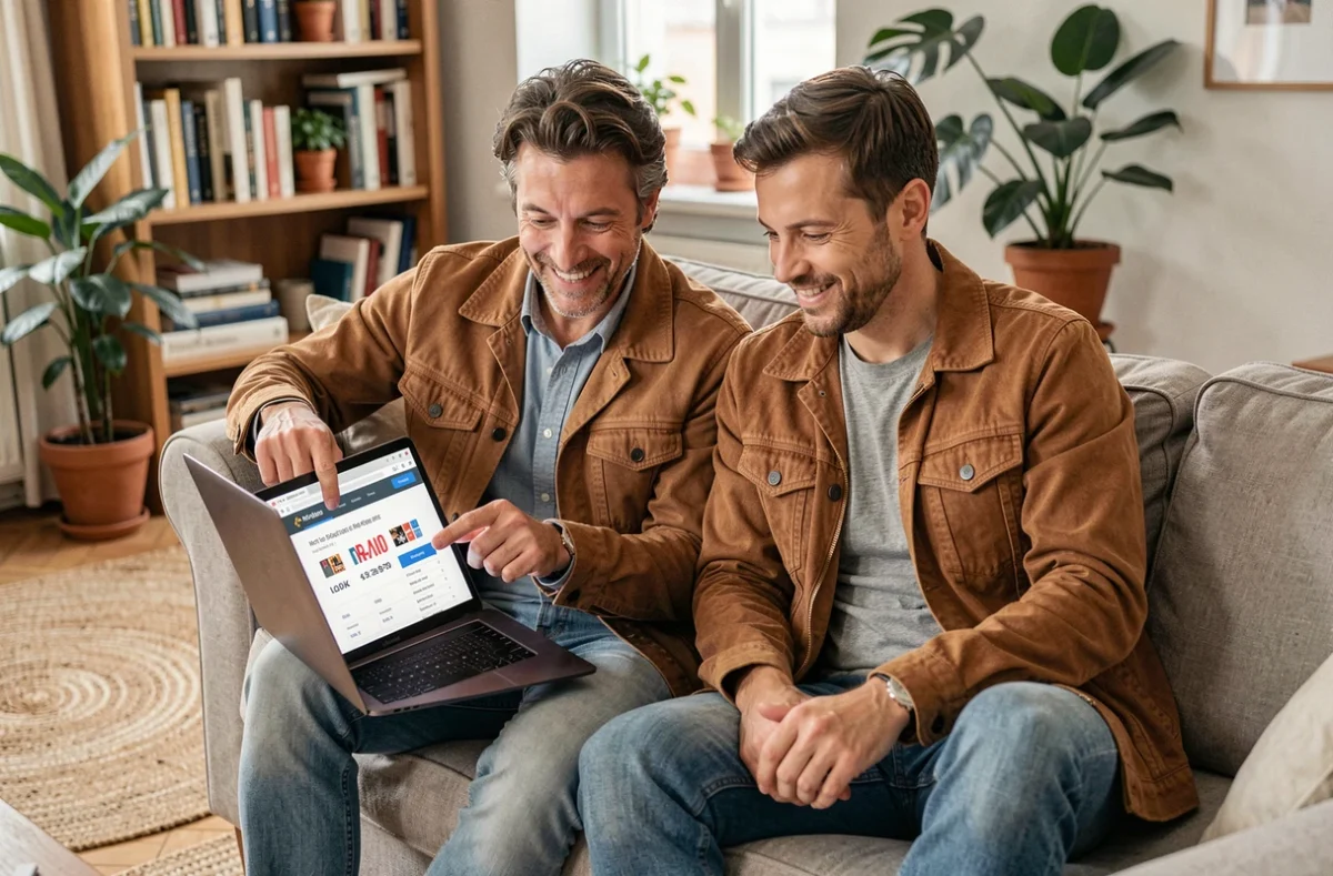 Couple vérifiant les résultats EuroMillions Étoile + sur un ordinateur portable dans leur salon