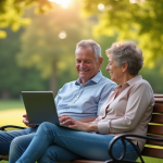 Couple senior détendu regardant un ordinateur avec des graphiques financiers