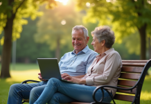 Couple senior détendu regardant un ordinateur avec des graphiques financiers