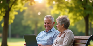 Couple senior détendu regardant un ordinateur avec des graphiques financiers