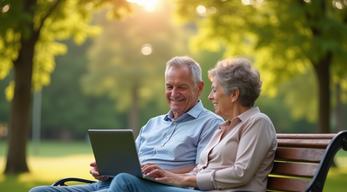 Couple senior détendu regardant un ordinateur avec des graphiques financiers