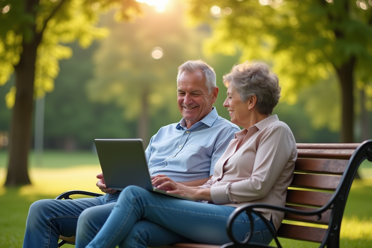 Couple senior détendu regardant un ordinateur avec des graphiques financiers