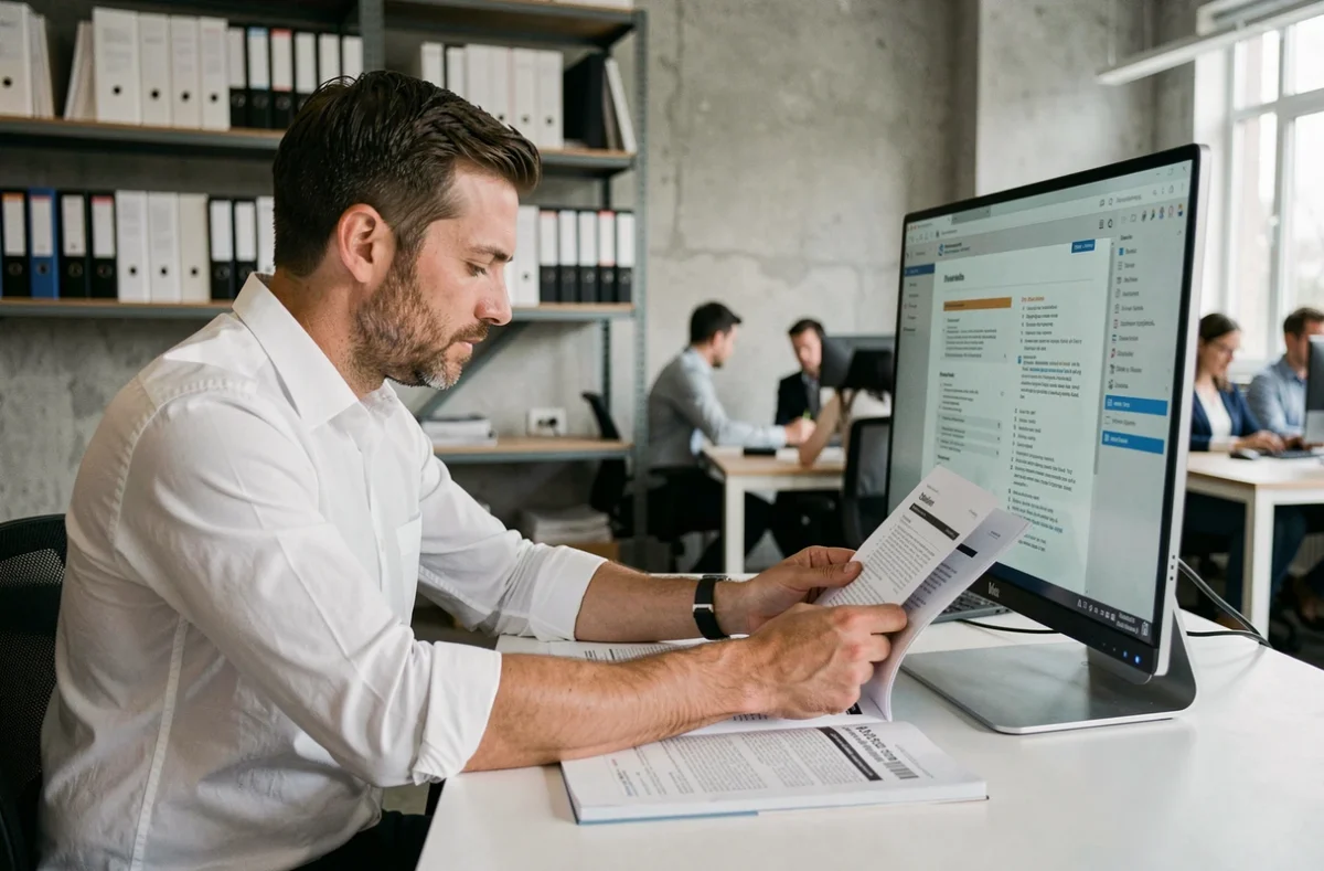 Courtier comparant des manuels d'assurance commerciale imprimés et numériques dans un espace de coworking