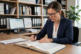 Courtière en assurance commerciale annotant un manuel de règles dans un bureau professionnel moderne