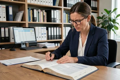 Courtière en assurance commerciale annotant un manuel de règles dans un bureau professionnel moderne