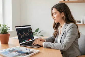 Jeune femme débutante en bourse consultant la cotation ArcelorMittal en temps réel sur un ordinateur portable dans un bureau moderne