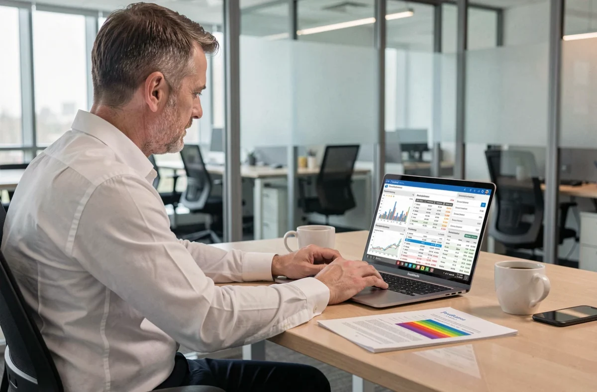 Directeur financier groupe consultant un logiciel de reporting financier multi-devises et multi-filiales sur ordinateur portable dans un bureau privé