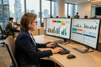 Directrice financière analysant un tableau de bord de reporting multi-filiales sur écrans larges dans un siège social international