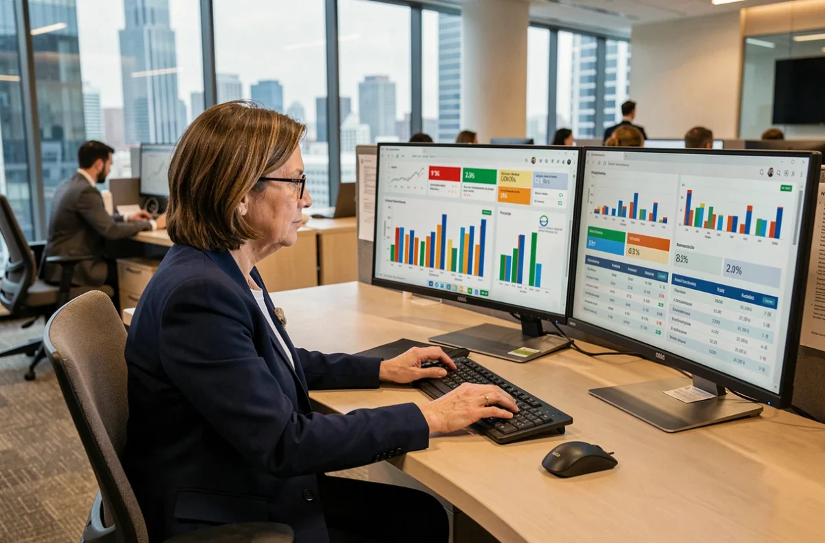 Directrice financière analysant un tableau de bord de reporting multi-filiales sur écrans larges dans un siège social international