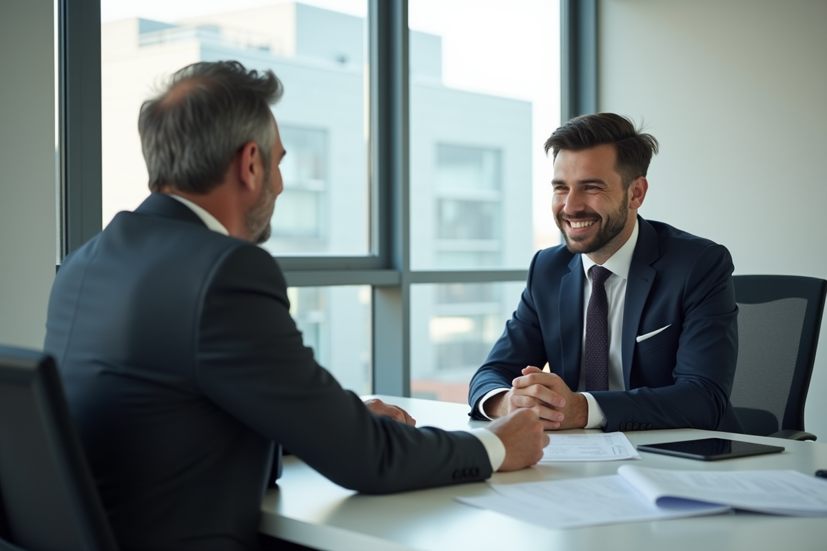 Jeune homme en costume discutant avec un agent d