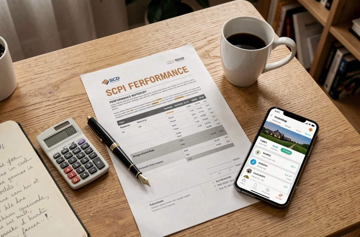 Vue de dessus d'un bureau avec des documents de rendement SCPI et outils d'analyse financière