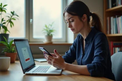 Femme utilisant la double authentification Cyberplus sur smartphone et ordinateur portable pour accéder à sa banque en ligne