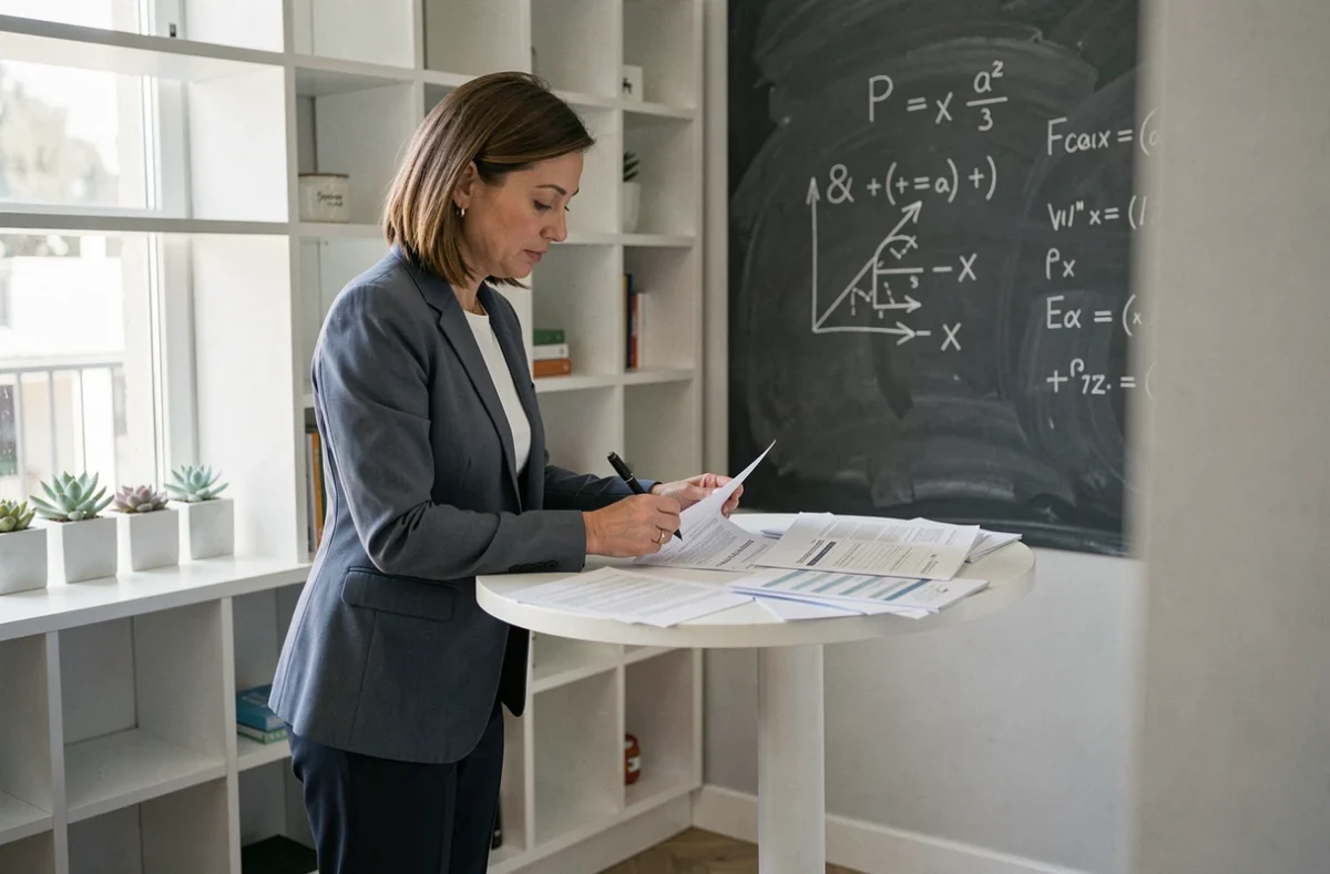 Experte-comptable de Duodecimal analysant des relevés financiers dans un bureau minimaliste