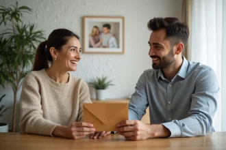 Femme souriante donnant une enveloppe à un homme à table