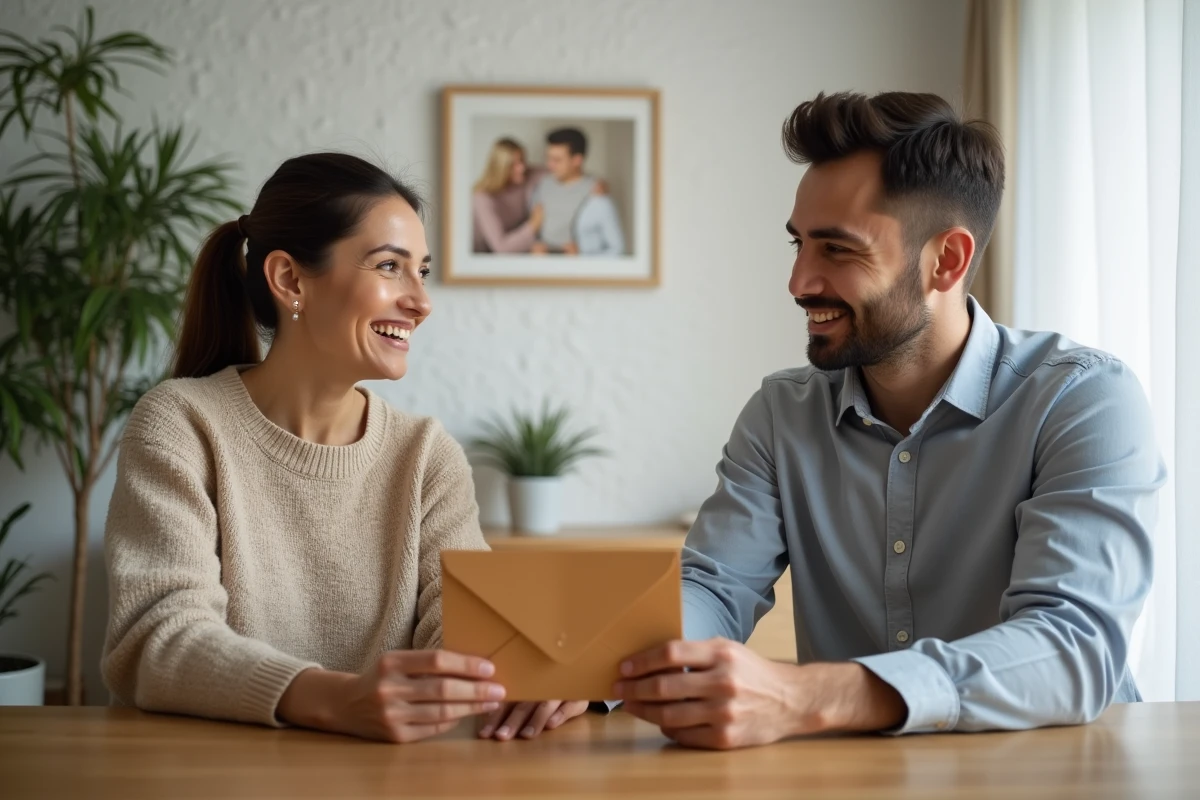 Femme souriante donnant une enveloppe à un homme à table