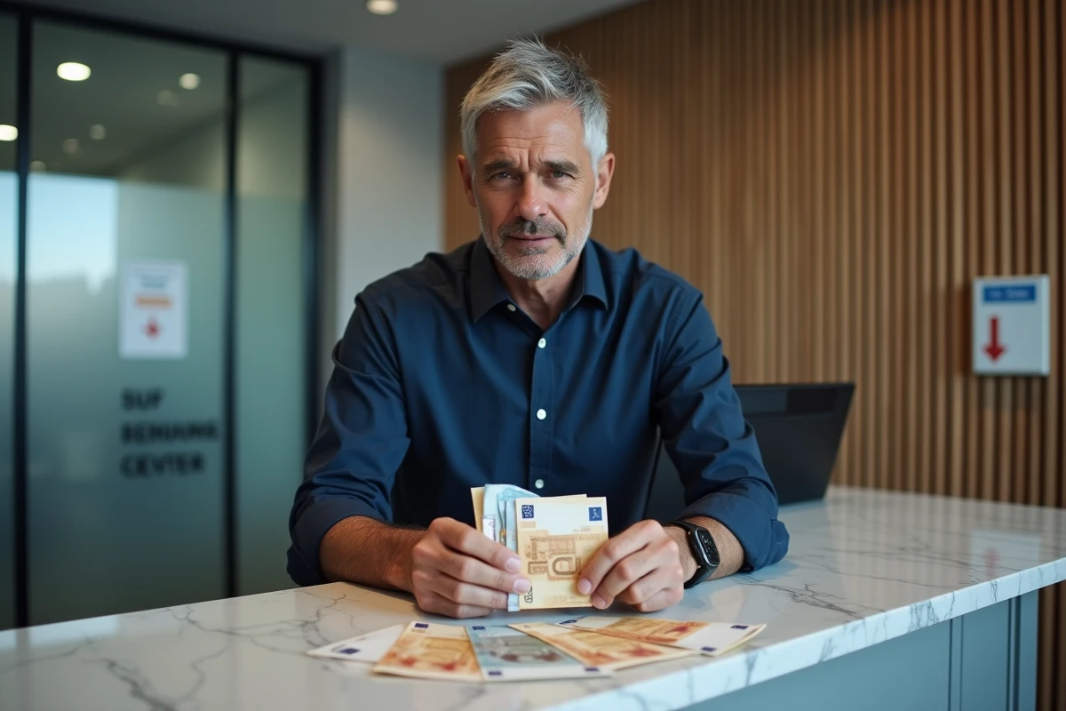 Homme échangeant des francs suisses contre des euros au guichet d'une banque européenne