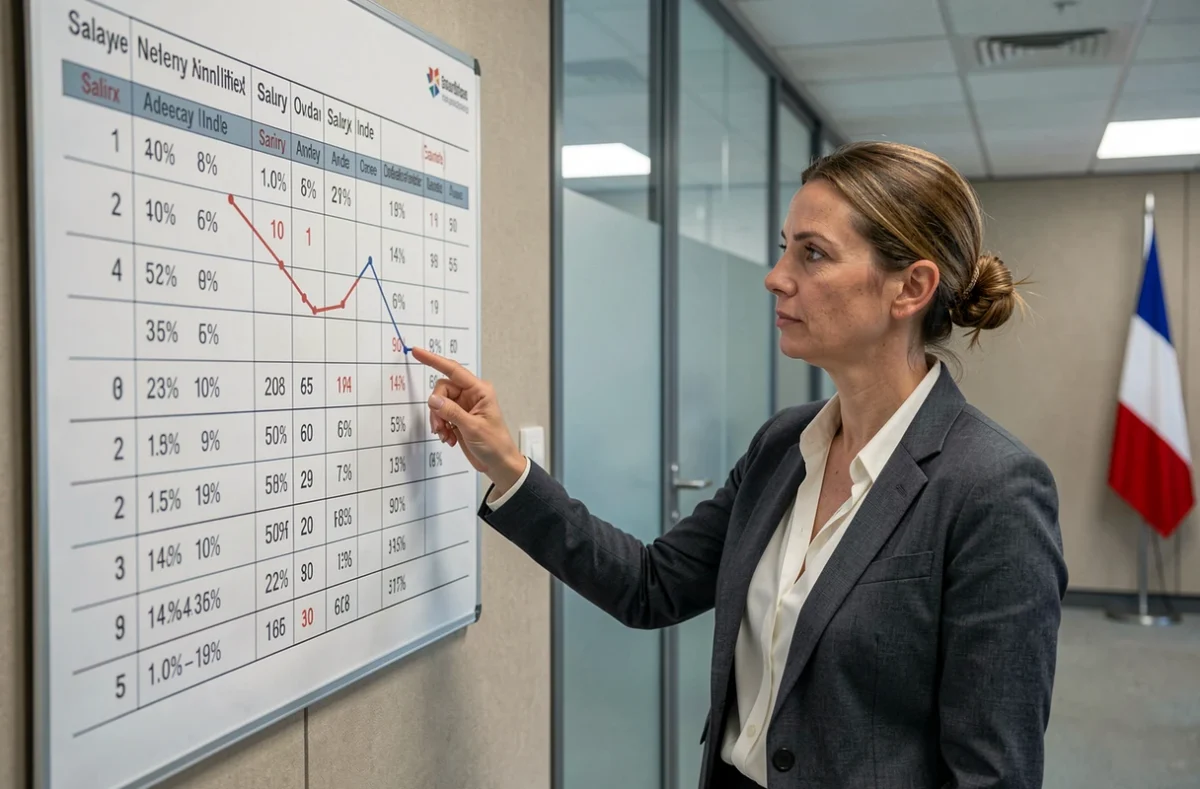 Employée de la fonction publique analysant un tableau des points d'indice et des augmentations salariales