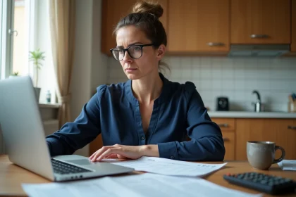 Enseignante de l'éducation nationale qui gère son budget mensuel à la maison avec des factures et un ordinateur portable