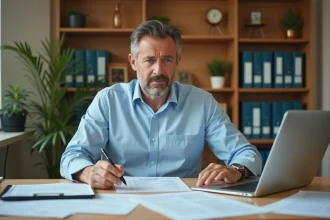 Entrepreneur examinant un dossier de financement alternatif après un refus bancaire à son bureau à domicile