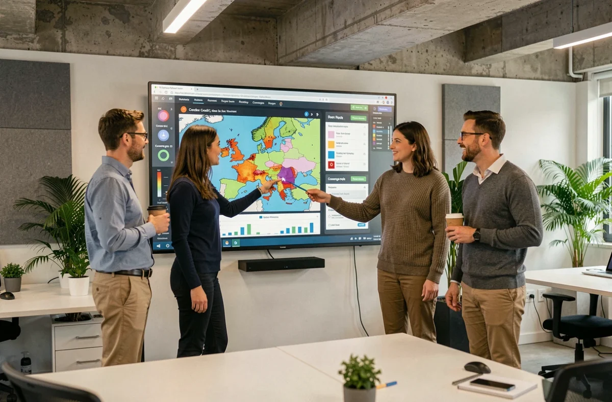 Équipe d'analystes financiers étudiant une carte des risques de crédit européen sur un écran mural dans un open space moderne