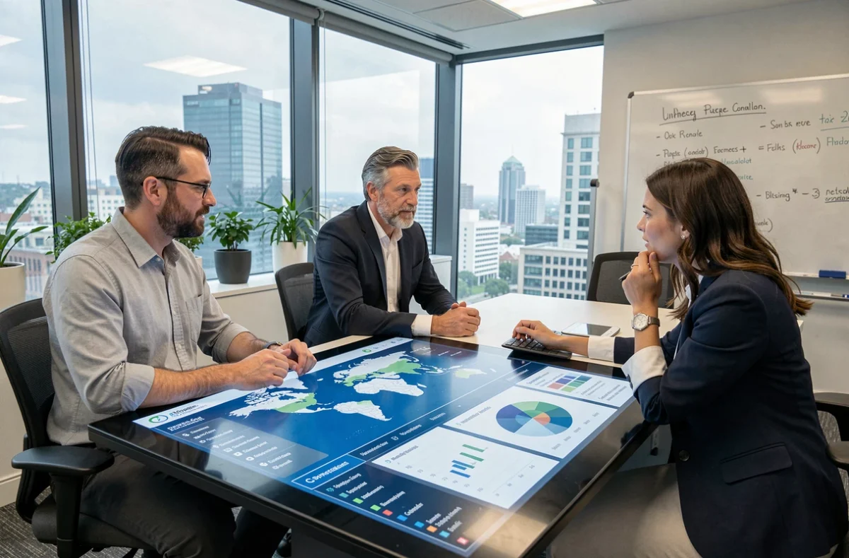 Équipe financière internationale collaborant autour d'un tableau de bord de consolidation de groupe sur table tactile en salle de réunion