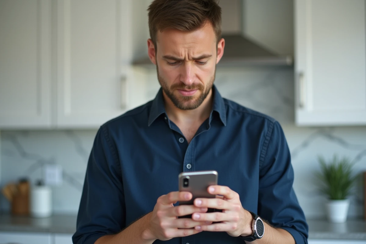 Homme consultant son application bancaire sur smartphone avec un message d'erreur de connexion
