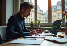 Espace de travail moderne avec un professionnel analysant des graphiques financiers à Paris