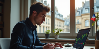 Espace de travail moderne avec un professionnel analysant des graphiques financiers à Paris